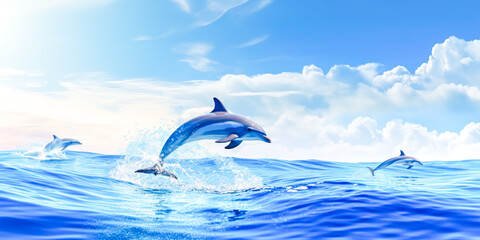 Cute wild dolphin jumping above the surface of a calm warm sea with sunlight. Concept of travelling, sea vacation and diving. Close up