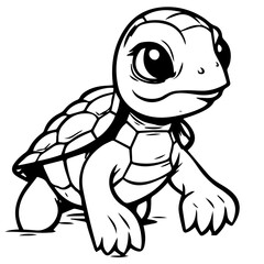 Black and white cute cartoon turtle. Coloring book for the children. Vector illustration