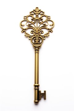 A golden key with a filigree design on it. Digital image.