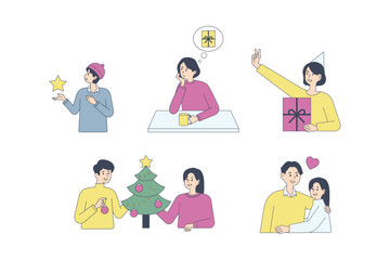 Christmas and people characters. People are decorating trees, giving gifts, and singing carols. flat design style minimal vector illustration.