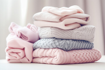 Stack of folded wool knitted baby clothes. Generative AI.