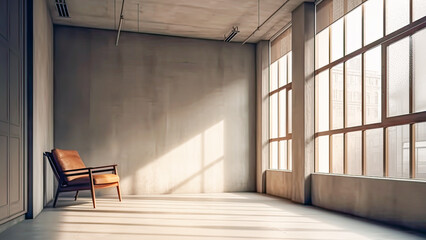 Empty loft room with vintage armchair, large windows and sunlight. Grungy room with light and shadow on floor. Concrete wall background. Mock up