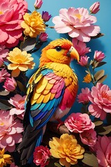 A colorful bird with a yellow beak sits on a pink flower
