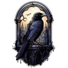 A black bird sitting on top of a window. Digital image. Gothic raven, Halloween symbol.