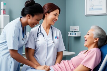 Fototapeta premium Doctor discussing treatment with cheerful smiley female nurses and patient. Happy physician and young woman talking and laughing sitting on examination bed in modern clinic or hospital