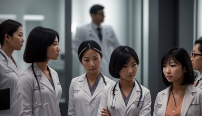 Fototapeta premium Successful team of medical doctors are looking at camera and positive looking and smiling while standing in hospital