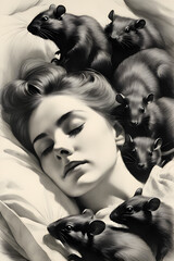collage of sleeping woman with rats