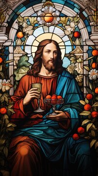A stained glass picture of Jesus holding a wine glass. Digital image. Jesus at the wedding in Cana.
