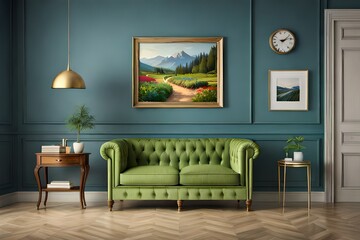 An illustration of the interior of a room in the style of Provence with a wooden nightstand next to a green vintage sofa. A mockup wall. 3D Render.