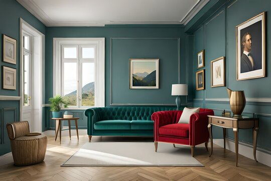 An illustration of the interior of a room in the style of Provence with a wooden nightstand next to a green vintage sofa. A mockup wall. 3D Render.