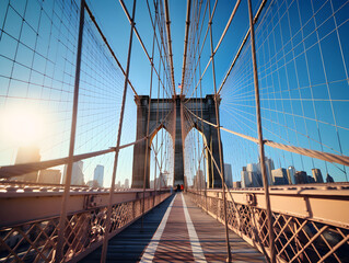 Close-up photo of the Brooklyn Bridge on a sunny day, with an eye-catching and impactful, modern, and artistic style. Model