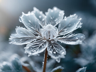 frozen flower leaves covered in transparent ice crystal winter nature macro