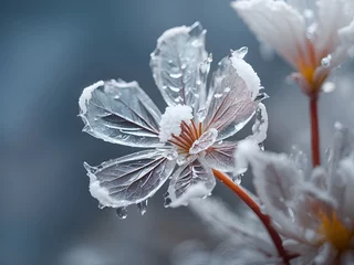 Fotobehang ice covered frozen flower leaves transparent plant winter nature frost detail © sirylok