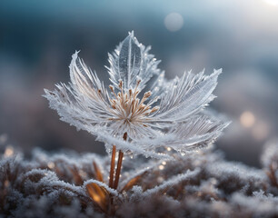 flower with ice crystal transparent leaves and low vegetation with snow cold winter nature macro