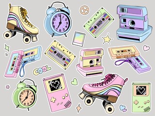 retro sticker set isolated object. game console, roller skate, vintage camera, old alarm clock, audio cassette  © Anastasiia