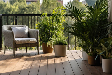 Beautiful balcony or terrace with wooden floor, chair and green potted flowers plants. Cozy relaxing area at home. Sunny stylish balcony terrace in the city - obrazy, fototapety, plakaty