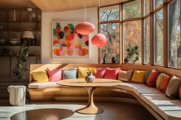 A sunlit breakfast nook with a built-in banquette, a Saarinen table, and colorful cushions. Generative AI