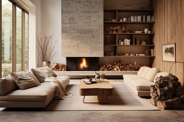 A living room with a statement fireplace, a floating media console, and a gallery wall. Generative AI