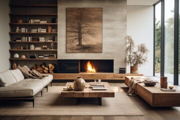 A living room with a statement fireplace, a floating media console, and a gallery wall. Generative AI