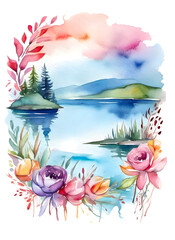Fototapeta na wymiar Watercolor lake vibrant clipart on transparent background 