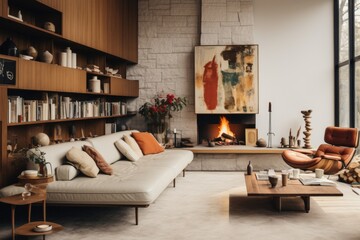 A living room with a statement fireplace, a floating media console, and a gallery wall. Generative AI