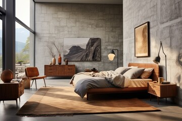 A bedroom with a teak bed frame, a textured accent wall, and a boho-inspired rug. Generative AI
