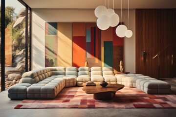 A lounge space with a modular sofa, a geometric rug, and a sculptural floor lamp. Generative AI