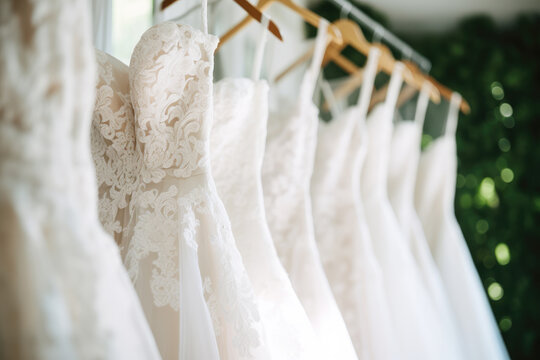 Beautiful elegant luxury bridal dress on hangers. White wedding dresses hanging on hanger in bridal shop boutique salon. Closeup
