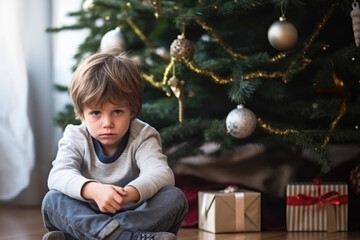 Sad kid sitting on the fllor near decorated Christmas tree at home
