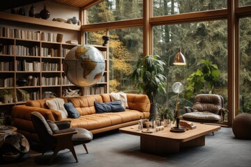 A home library with built-in bookshelves, a cozy reading nook, and a vintage globe. Generative AI
