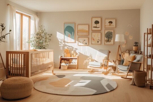 A nursery with a mid-century crib, a rocking chair, and whimsical animal-themed decor. Alvar Aalto style. Generative AI