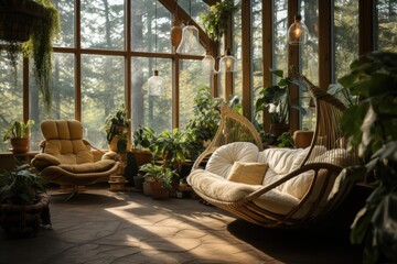 A sunroom with floor-to-ceiling windows, a hanging chair, and potted plants. Generative AI