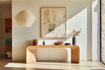An entryway with a sleek console table, a sunburst clock, and a statement pendant light. Generative AI