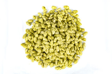Almond candy with pistachio. Turkish Badem Sekeri, almond, top view of almond candy.