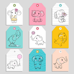 Elephant cards. cartoon funny baby elephants in action poses. vector tags templates