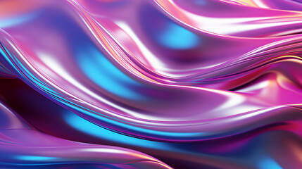 Three-dimensional rendering of an abstract wavy liquid backdrop, characterized by the presence of ultraviolet holographic foil. The surface exudes a mesmerizing petrol-like quality 