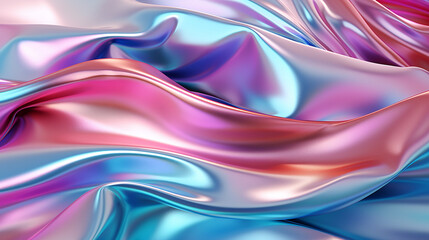 Obraz premium Three-dimensional rendering of an abstract wavy liquid backdrop, characterized by the presence of ultraviolet holographic foil. The surface exudes a mesmerizing petrol-like quality 