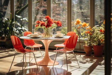 Fototapeta na wymiar A sunlit dining area featuring a round tulip table surrounded by classic Eames molded plastic chairs. Alvar Aalto style. Generative AI