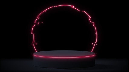 3d vector podium with neon glowing circle on background, pedestal for presentation, mokup scene