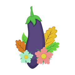 Eggplant with autumn leaves and flower on white background. Autumn harvesting and seasonal vegetables cartoon illustration. Autumn of fall concept