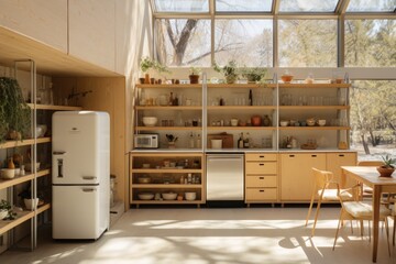 A mid-century kitchen with clean lines, open shelving, and a retro-inspired refrigerator. Generative AI