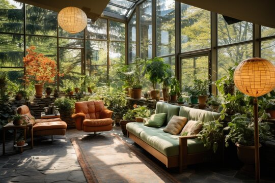Botanical Bliss: A conservatory with floor-to-ceiling windows, overflowing planters, and a cozy seating area. Alvar Aalto style. Generative AI