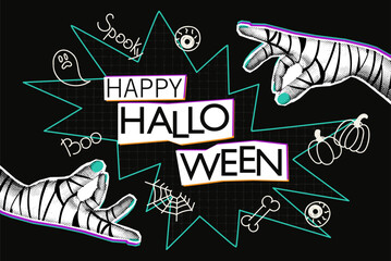 Happy Halloween halftone collage banner with mummy hands and doodles. Modern mixed media design. Spooky pop art background template. Vector illustration isolated on black