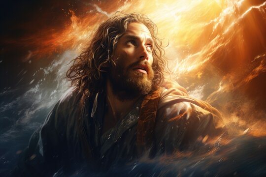 A man with long hair and beard standing in the water. Digital image. Jesus calming storm.