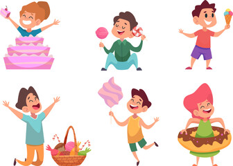 Kids and candy. Happy children holding and eating different delicious food sweets cakes ice cream exact vector illustrations
