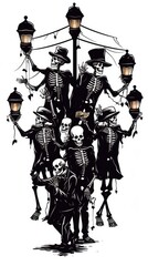 Obraz premium A group of skeletons standing around a street light. Digital image.