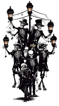 A group of skeletons standing around a street light. Digital image.