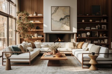 Transitional Charm: A family room blending modern and traditional elements, creating a comfortable and inviting space. Generative AI