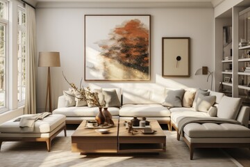 Fototapeta premium Transitional Charm: A family room blending modern and traditional elements, creating a comfortable and inviting space. Generative AI