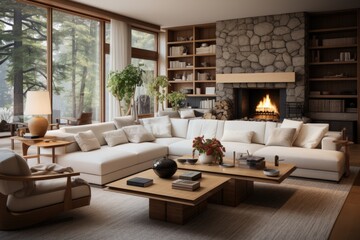 Fototapeta premium Transitional Charm: A family room blending modern and traditional elements, creating a comfortable and inviting space. Generative AI